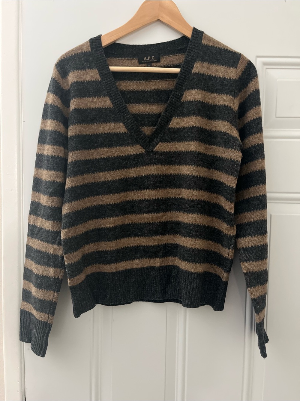 A.P.C. Striped V-Neck Sweater in Grey and Brown